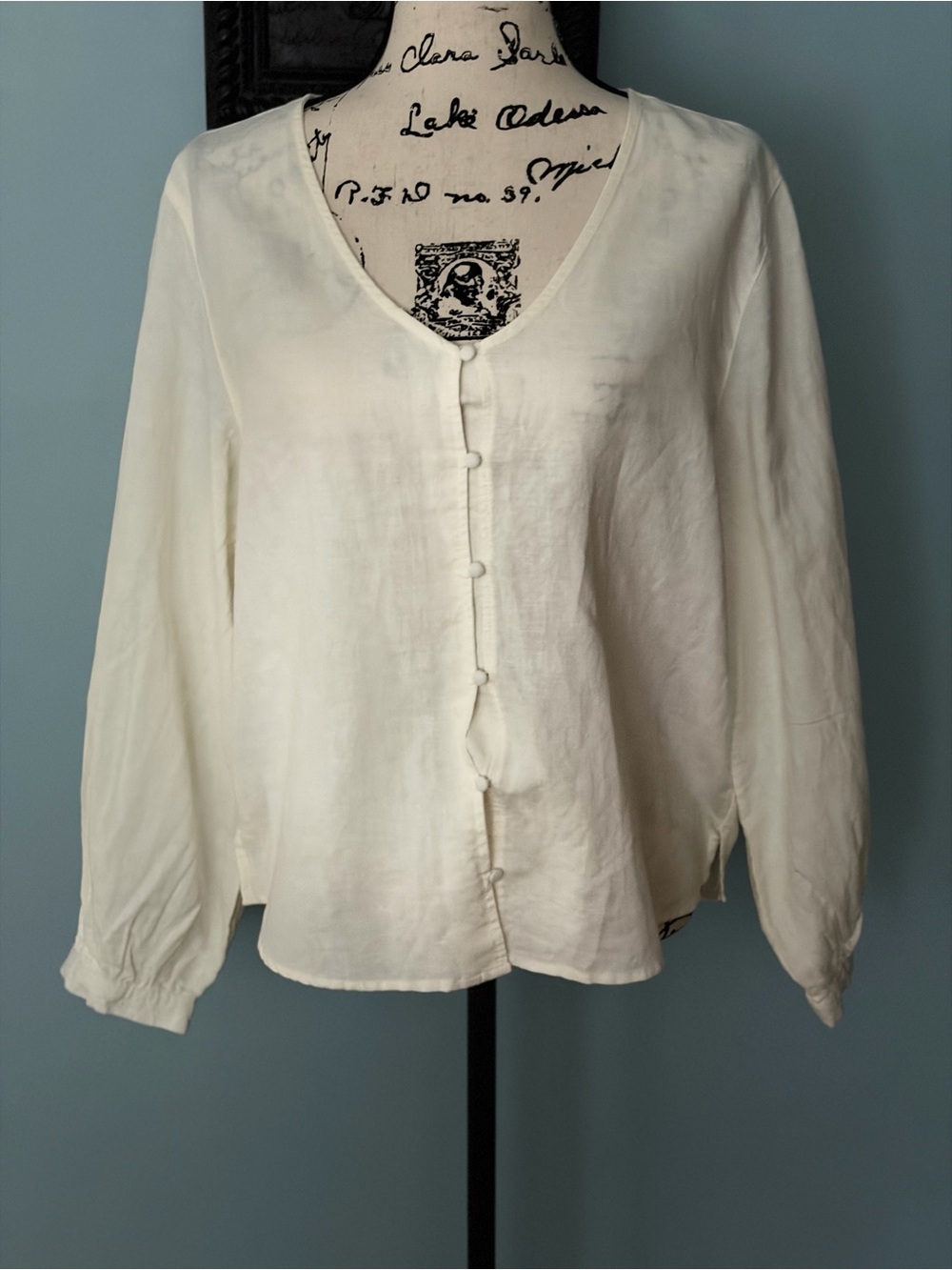 Laura Ashley Cream V-Neck Button-Front Linen Blouse
